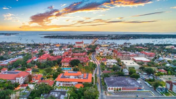 St Augustine, Florida, USA Downtown Drone Skyline Aerial.